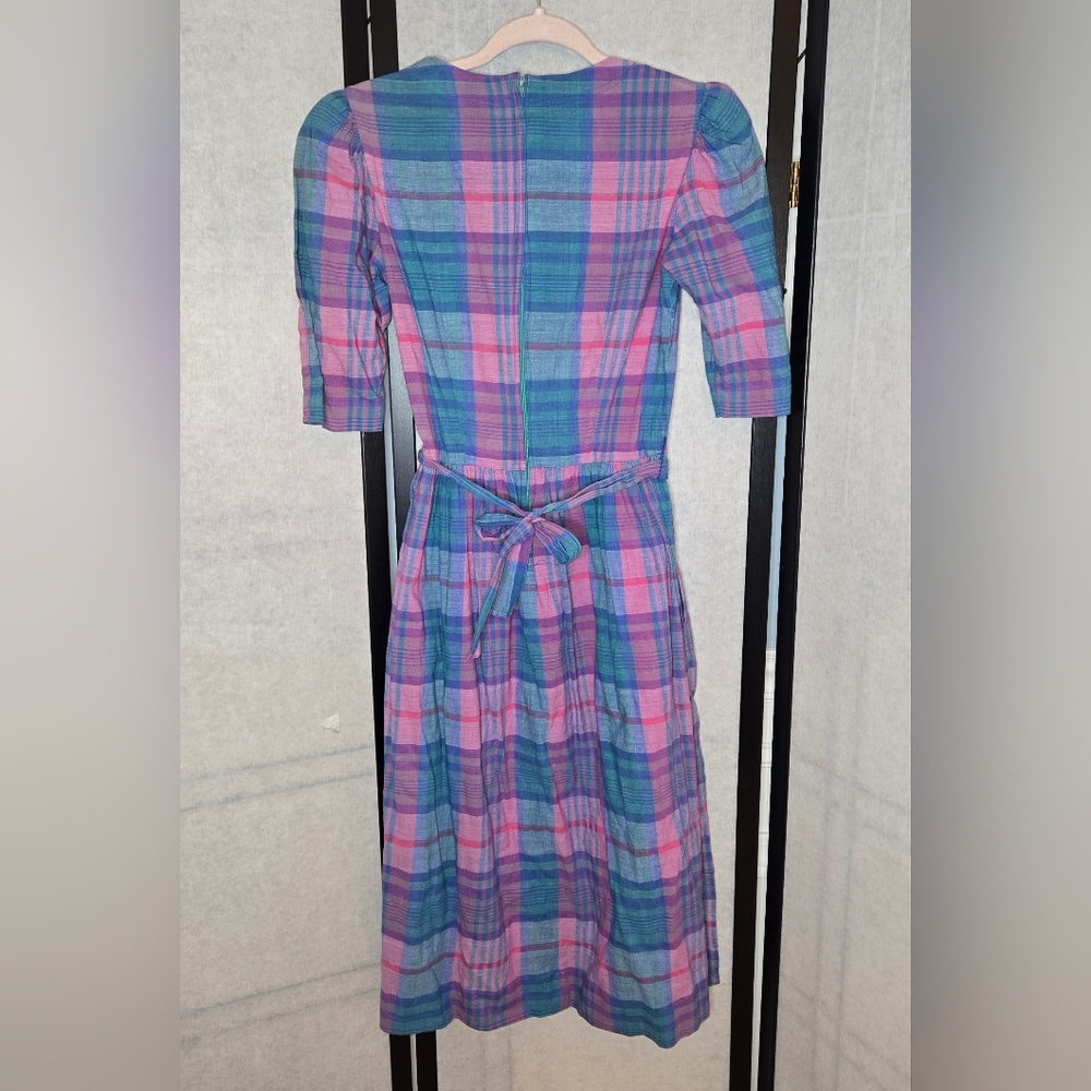 Vintage Herman Geist Pink Purple Blue Plaid Midi Linen Cottage Dress Size Small - Picture 5 of 5